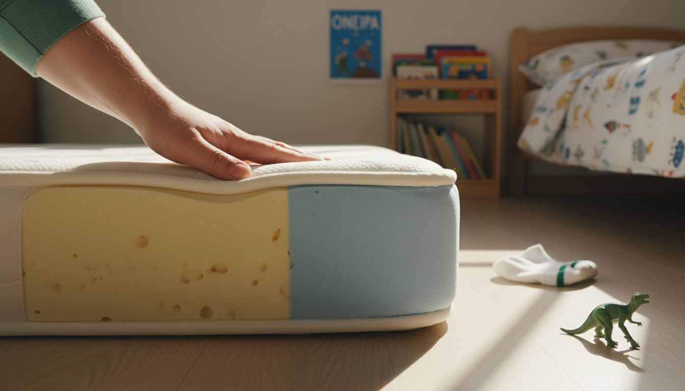Εξατομίκευση Στρώματος: Πώς Επηρεάζει Τον Ύπνο Παιδιών 2 Ένα χέρι δοκιμάζει με πίεση τα υλικά του στρώματος στο παιδικό δωμάτιο.
