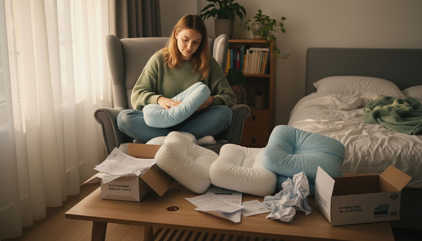 Μια γυναίκα αναζητά το ιδανικό μαξιλάρι δοκιμάζοντας διάφορα είδη για καλύτερο ύπνο.