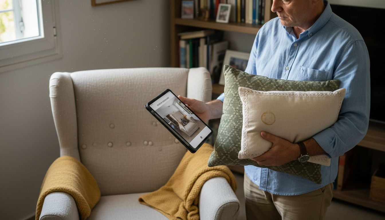 Οδηγίες τοποθέτησης μαξιλαριών για τέλεια άνεση και στυλ 1 Κάποιος δοκιμάζει διαφορετικές συνθέσεις μαξιλαριών στο σπίτι του, ψάχνοντας το ιδανικό στήσιμο για άνεση και αισθητική.