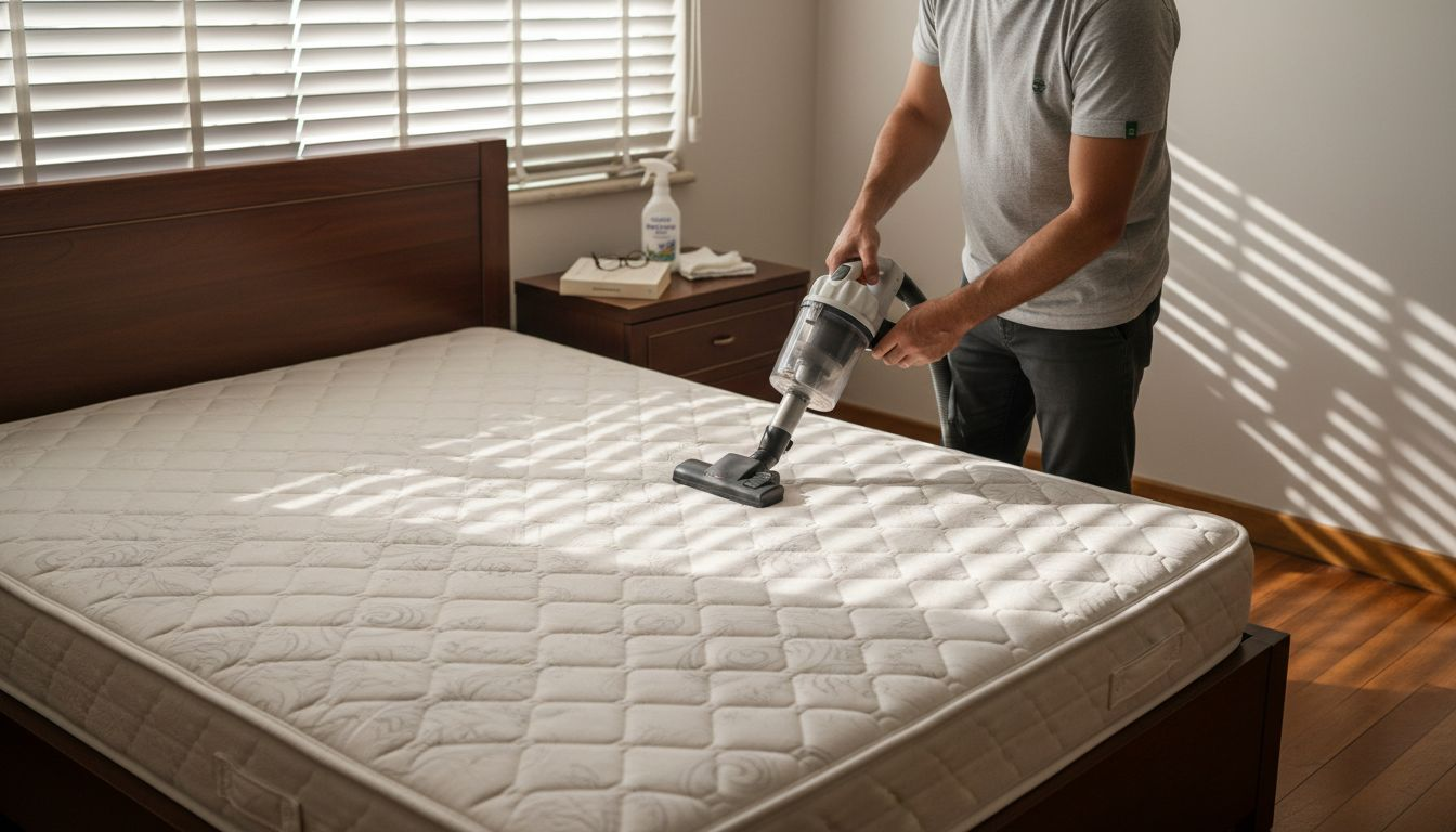 Άνδρας καθαρίζει το στρώμα με ηλεκτρική σκούπα, εκμεταλλευόμενος το φυσικό φως της ημέρας.