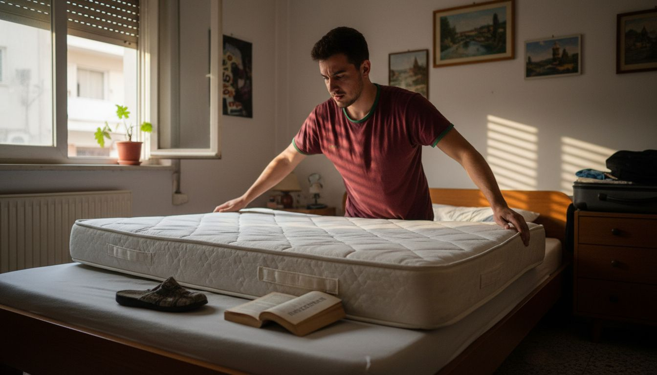 Ένας άνδρας γυρνάει το στρώμα στο υπνοδωμάτιο του διαμερίσματός του για να το φρεσκάρει.