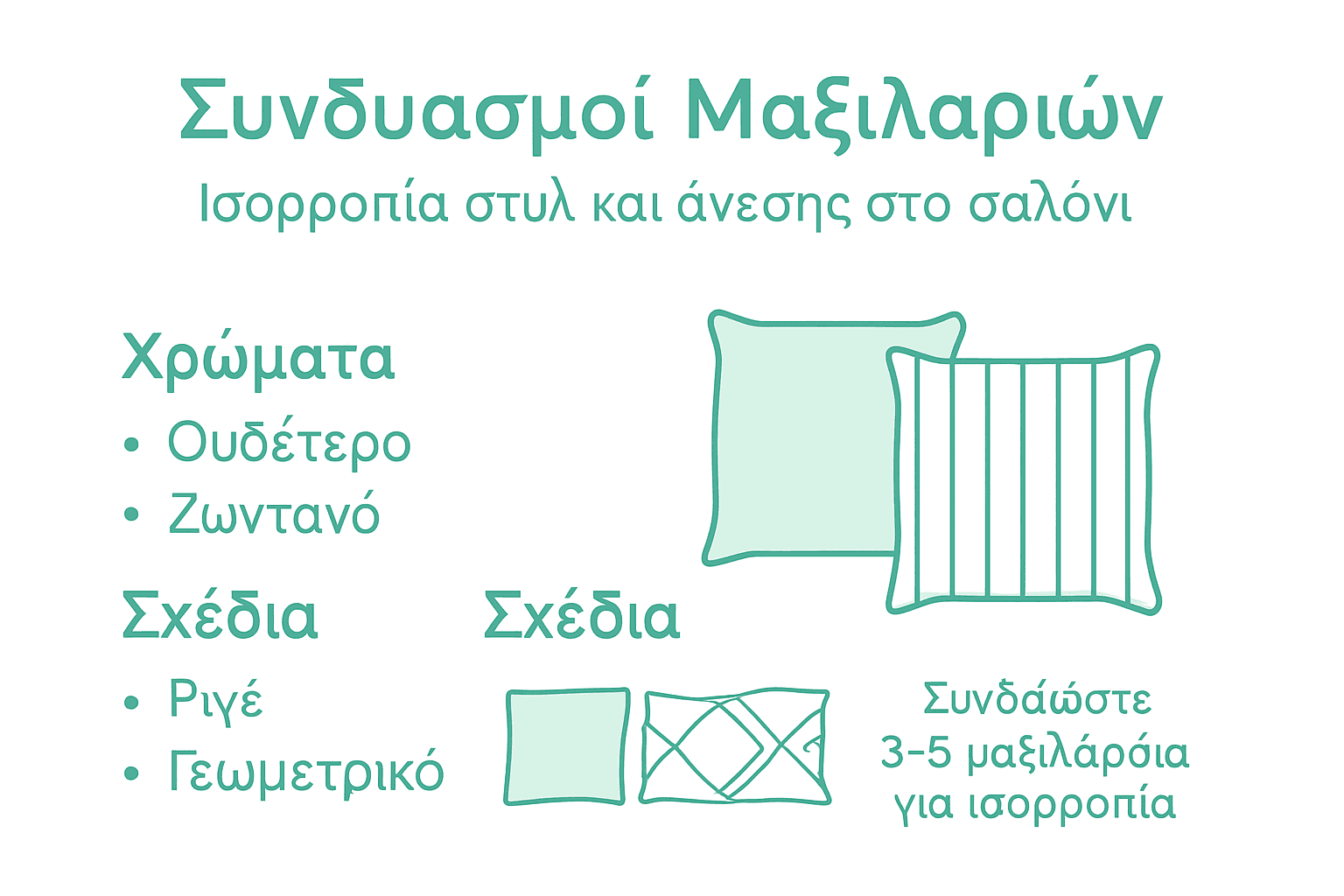 Οδηγός με εικόνες για τους συνδυασμούς χρωμάτων και τα μοτίβα στα μαξιλάρια