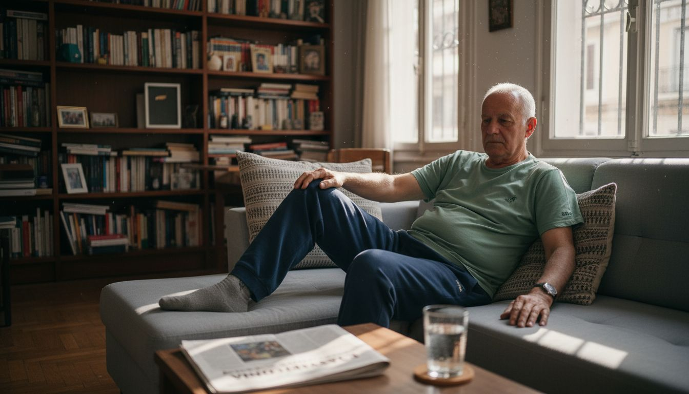 Άνδρας δοκιμάζει πόσο αναπαυτικός είναι ο καναπές με memory foam.