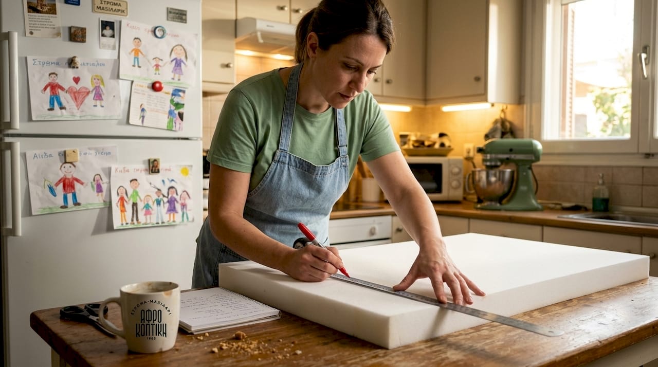 Μια γυναίκα μετράει και σημειώνει το αφρώδες υλικό για το μαξιλάρι του καναπέ, προετοιμάζοντάς το για κατασκευή ή ανανέωση.