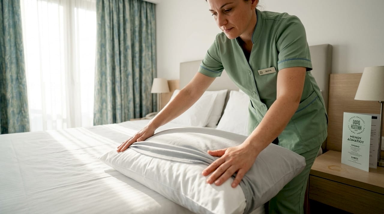 Η καμαριέρα αλλάζει τη μαξιλαροθήκη και φροντίζει να είναι φρέσκια και καθαρή για τους επισκέπτες.