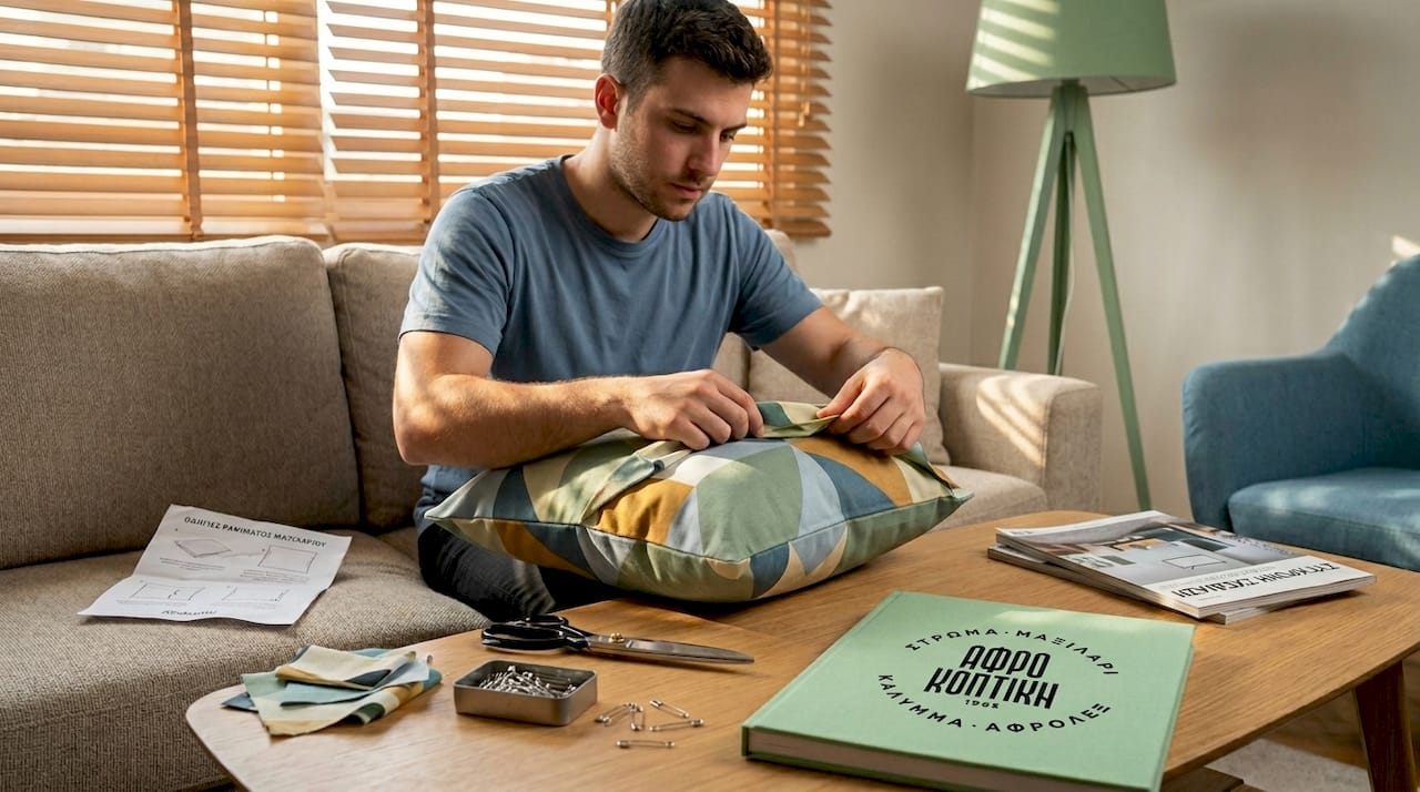 Ένας άντρας διπλώνει ύφασμα για να φτιάξει μία μαξιλαροθήκη χωρίς ράψιμο.