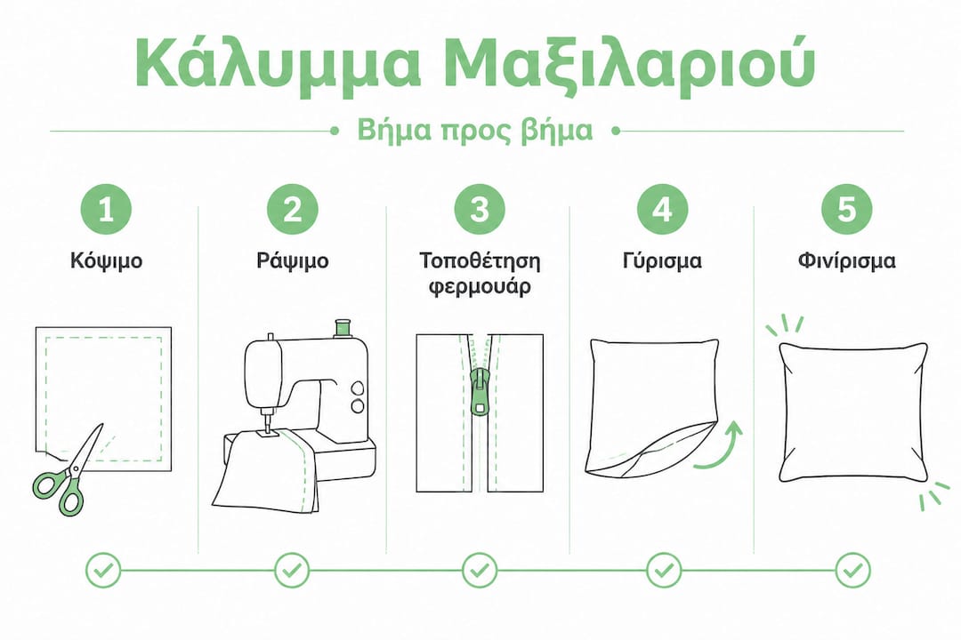 Διαδικασία κατασκευής θήκης μαξιλαριού βήμα προς βήμα με εικονογράφηση
