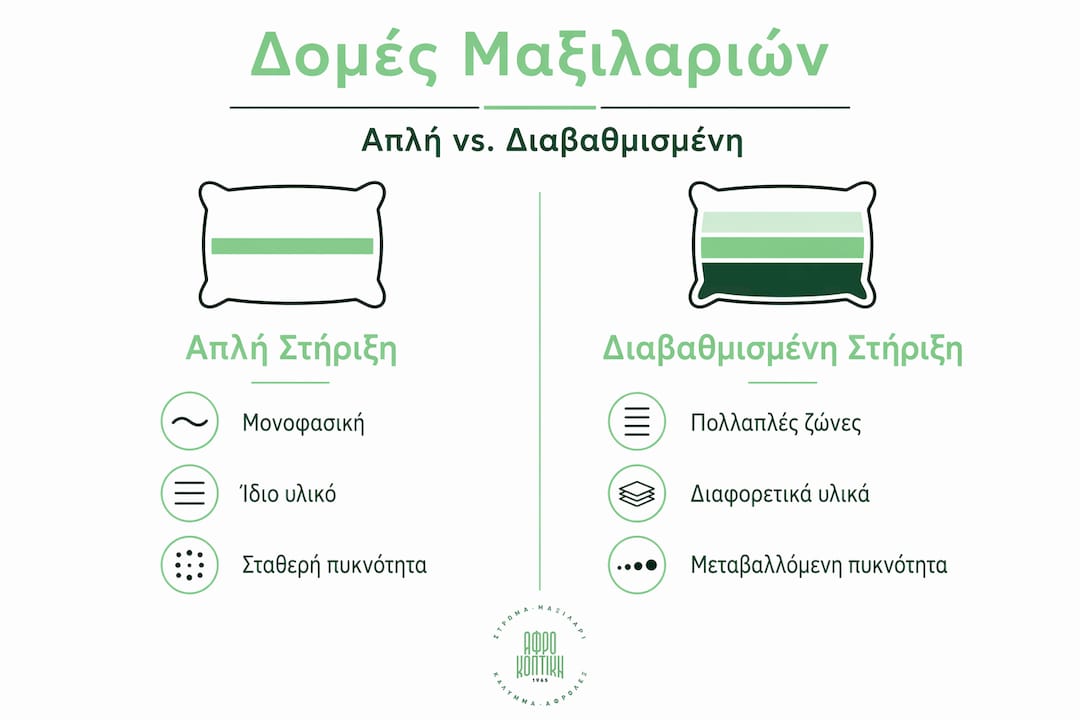 Γραφική απεικόνιση με σύγκριση ανάμεσα σε μαξιλάρια με διαβαθμισμένη στήριξη και σε μονά μαξιλάρια