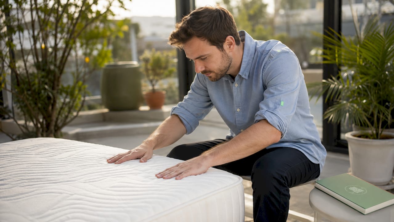 Χέρια πιέζουν ένα στρώμα με memory foam, δείχνοντας πώς προσαρμόζεται στο σχήμα τους.