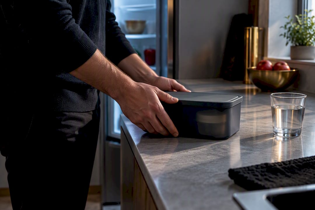 Chilled pouch storage box warming on counter