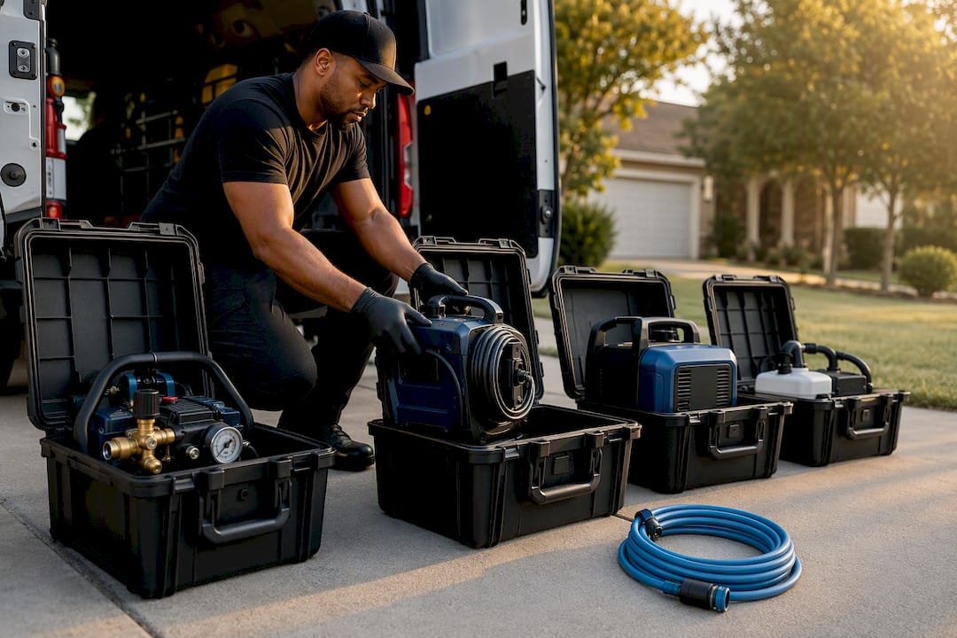 Portable detailing equipment secured for transit