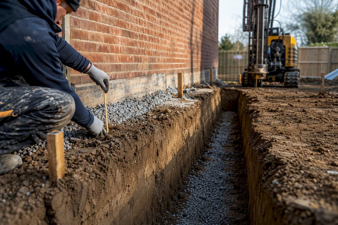 Strip foundation trench beside house extension