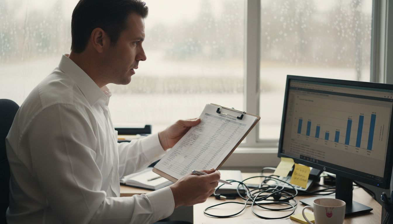 Estate agent reviewing housing data printouts