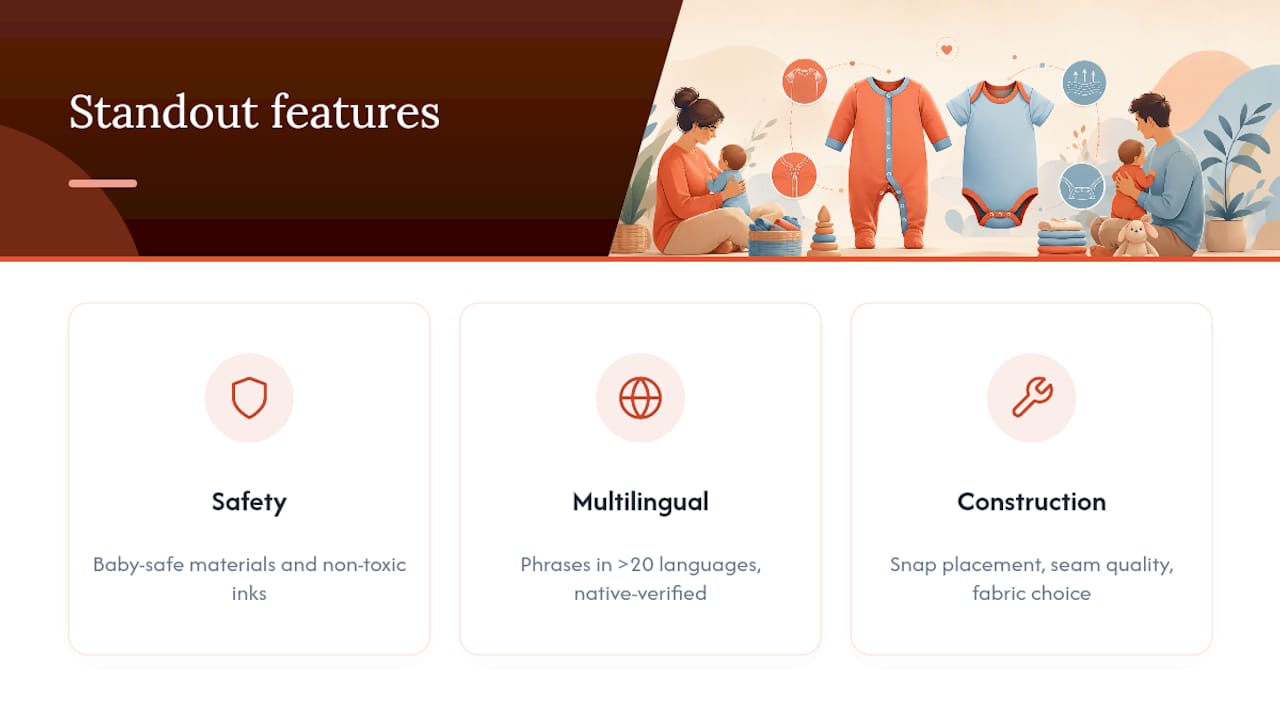 What sets Babyineverylanguage's bodysuits apart on the checklist above — overview diagram
