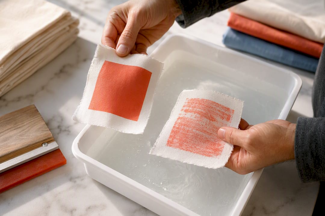 Hands comparing washed screen print swatches