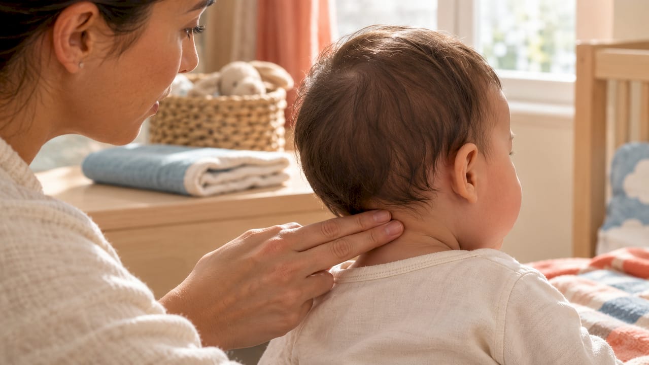 Caregiver checking baby neck warmth