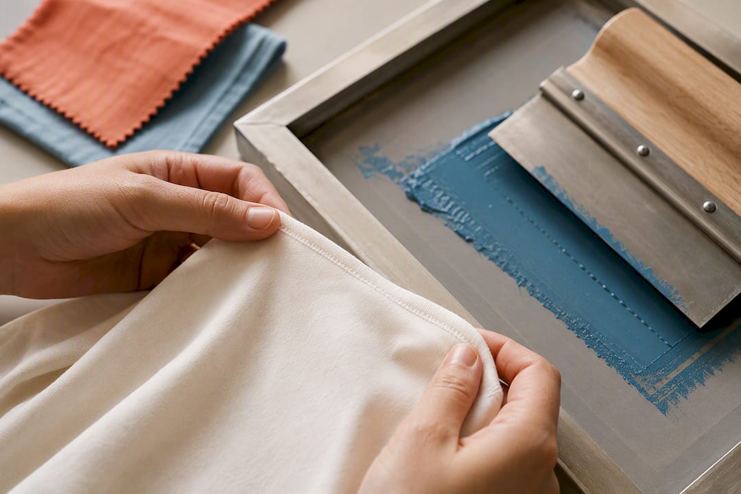 Close-up of cotton fabric and printing tools