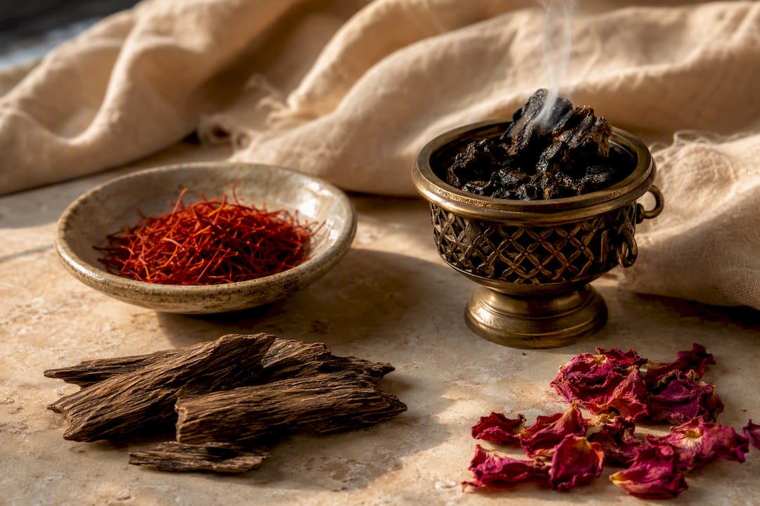 Oud rose saffron and bakhoor materials