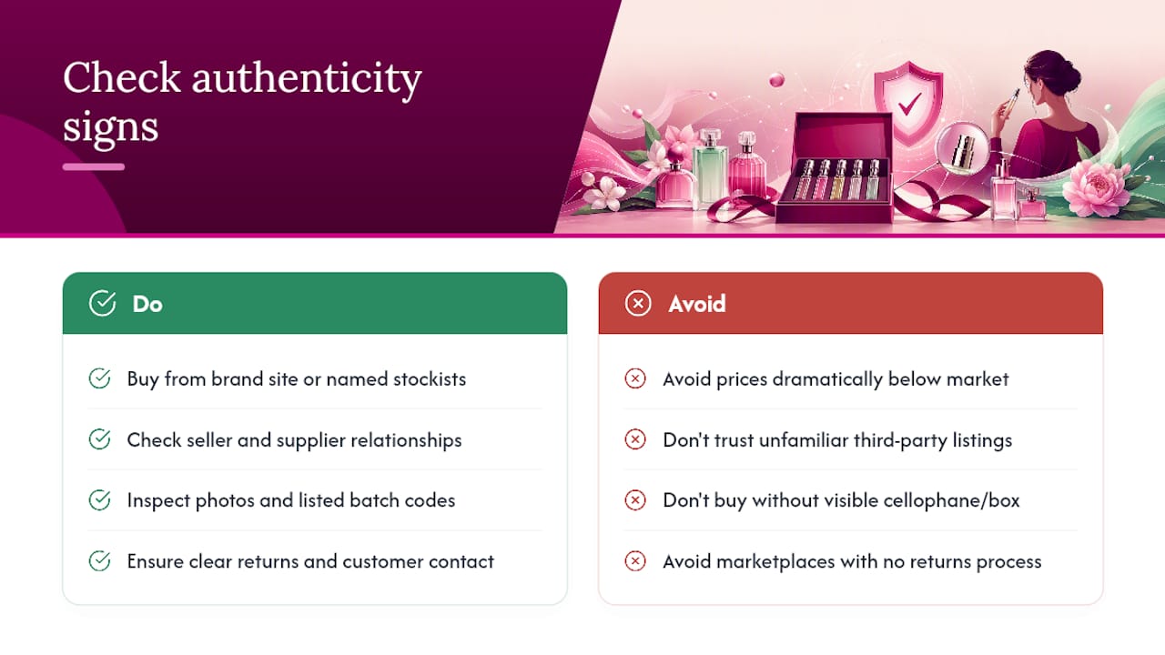 How do you check authenticity and avoid counterfeit perfumes online? — overview diagram
