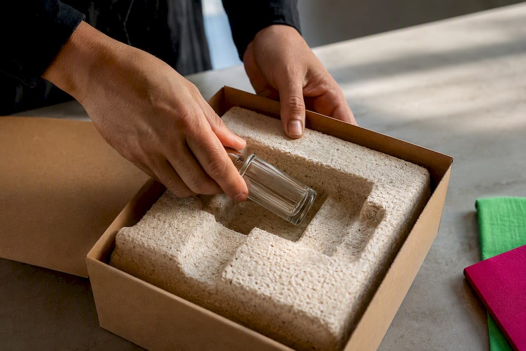 Hands fitting glass into molded fibre cushioning