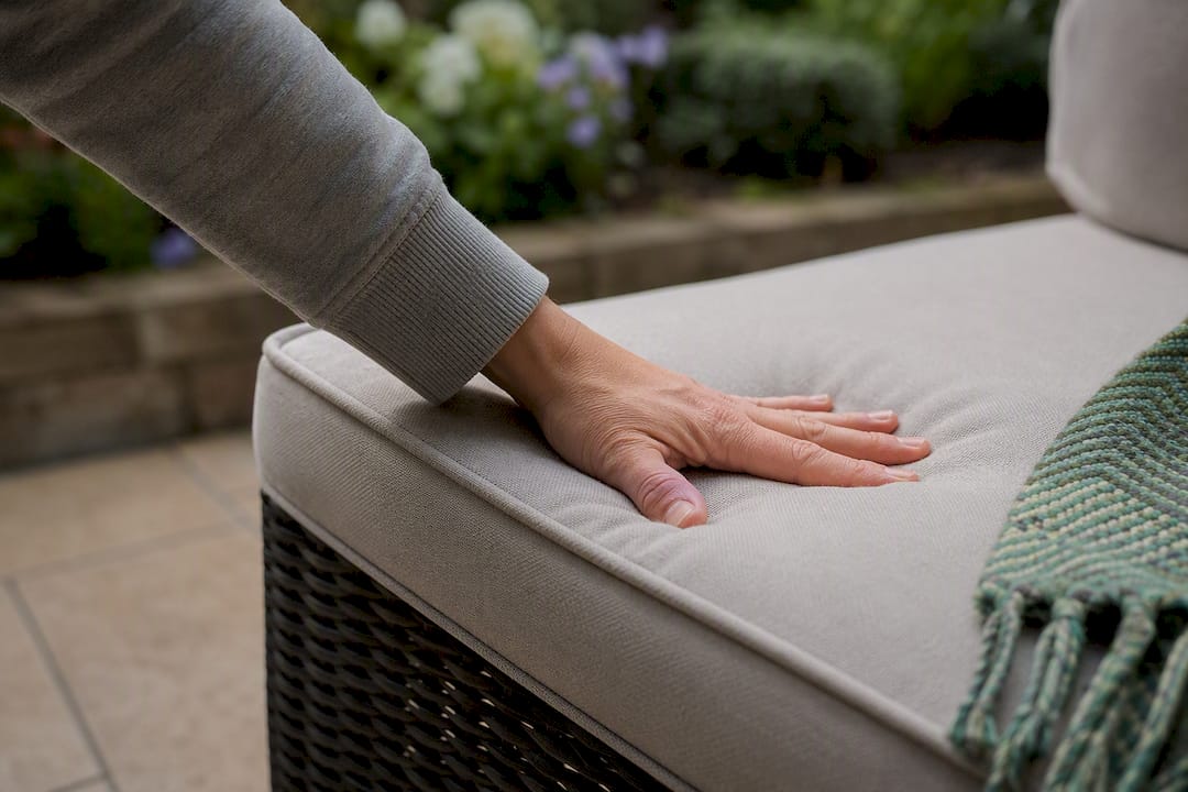 Hand testing outdoor seat cushion firmness