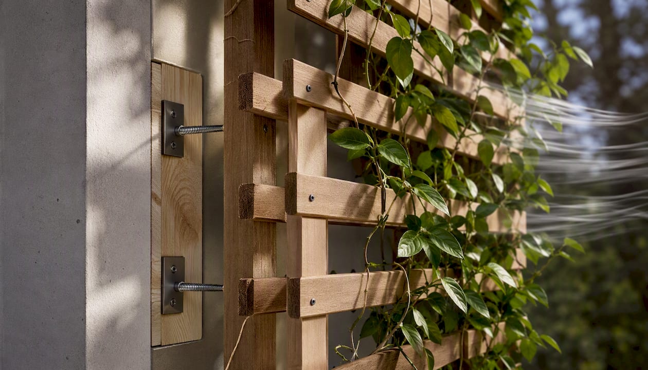 Climber growing against securely fixed framework