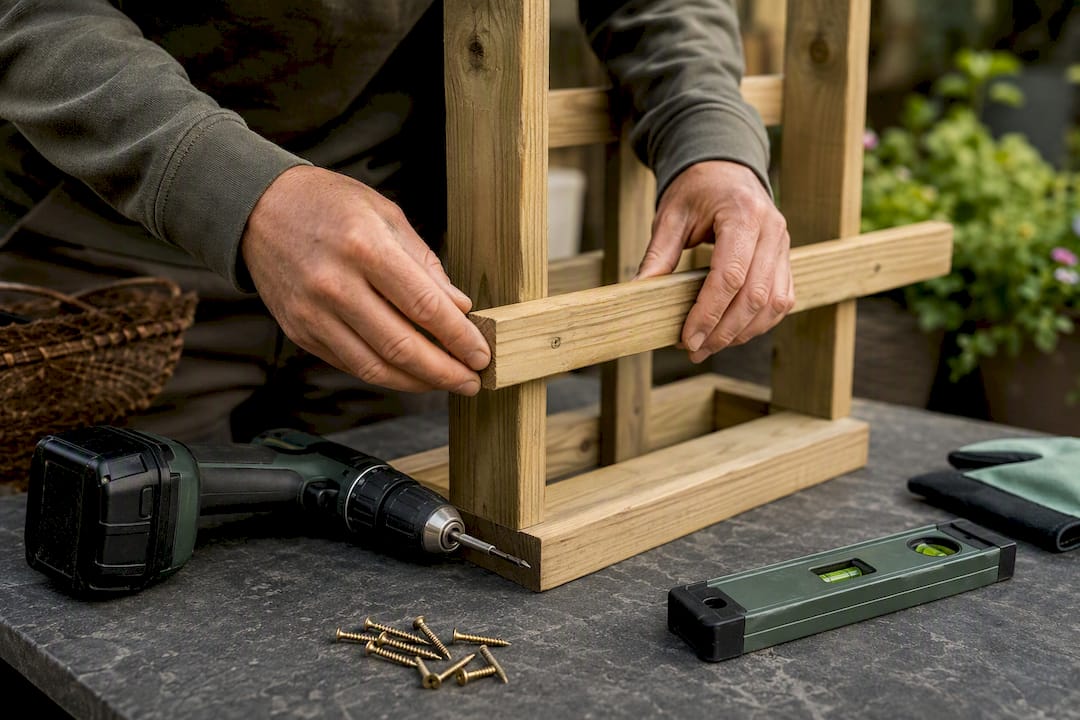 Hands assembling timber trellis frame