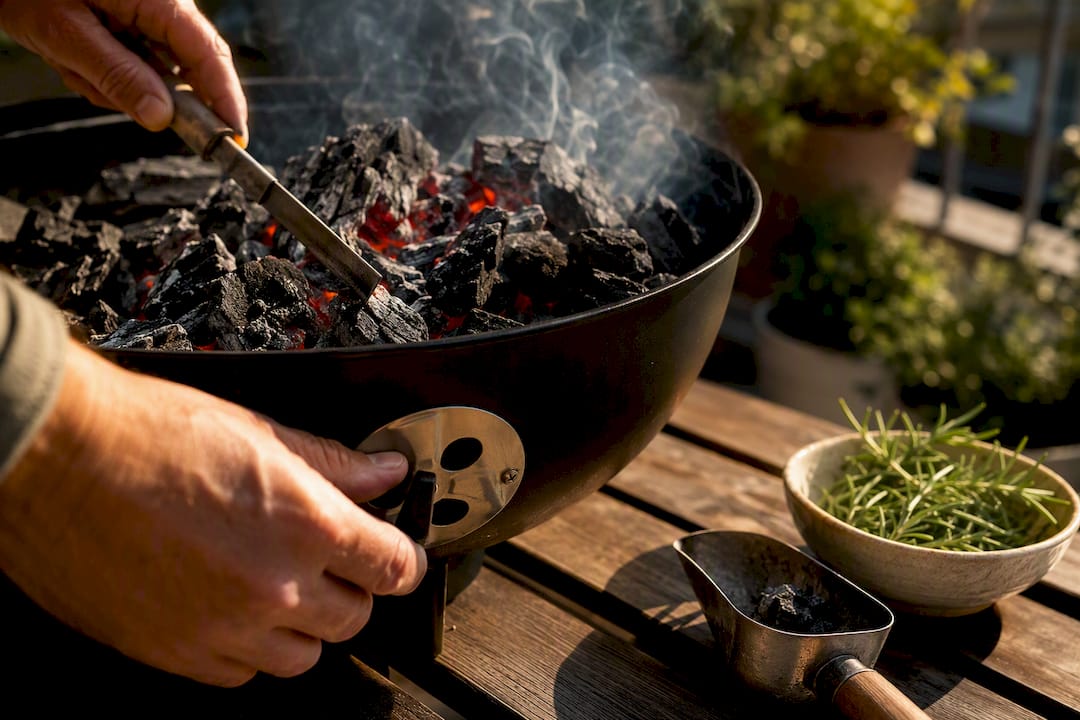 Hands arranging charcoal beside a compact grill