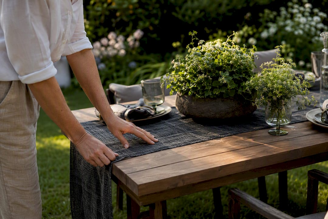 Hands arranging a summer garden party tablescape