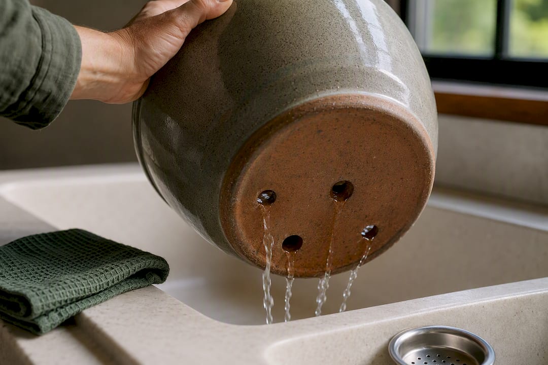 Water draining from a tipped decorative pot