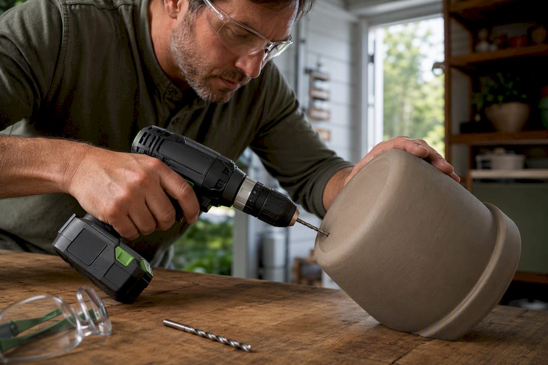 Careful pilot hole drilling in a pot