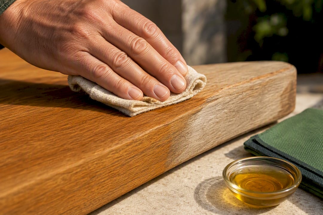 Hand applying oil to teak wood grain
