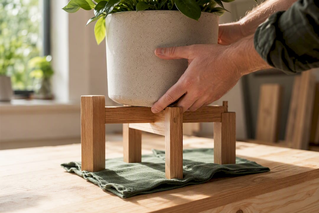 Hands load-testing a handmade planter stand