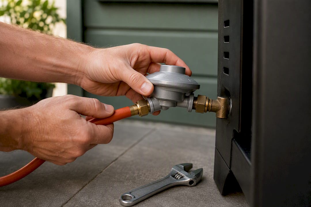 Hands securing a gas regulator hose connection