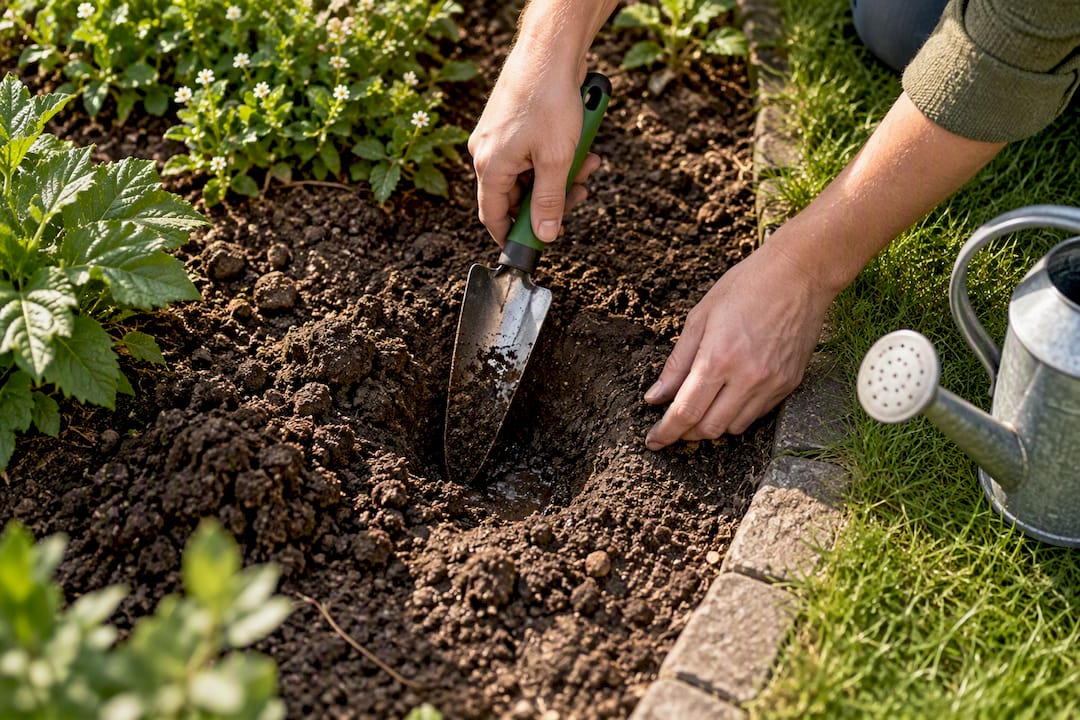 Hands checking soil stability in test hole
