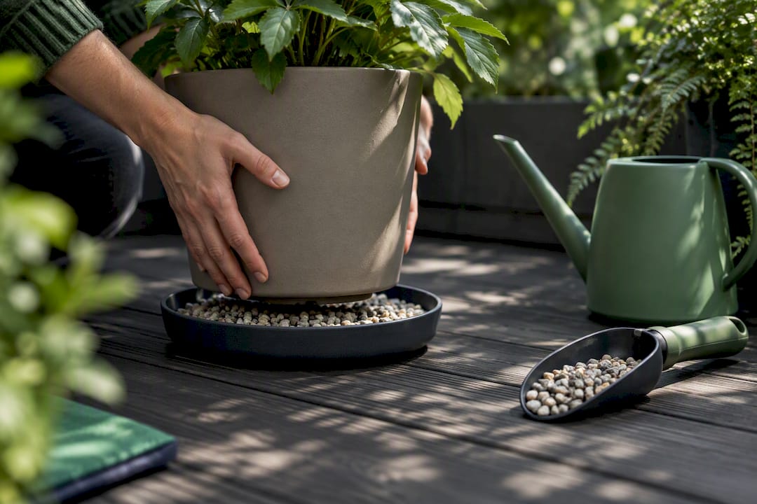 Pot resting on gravel-filled saucer