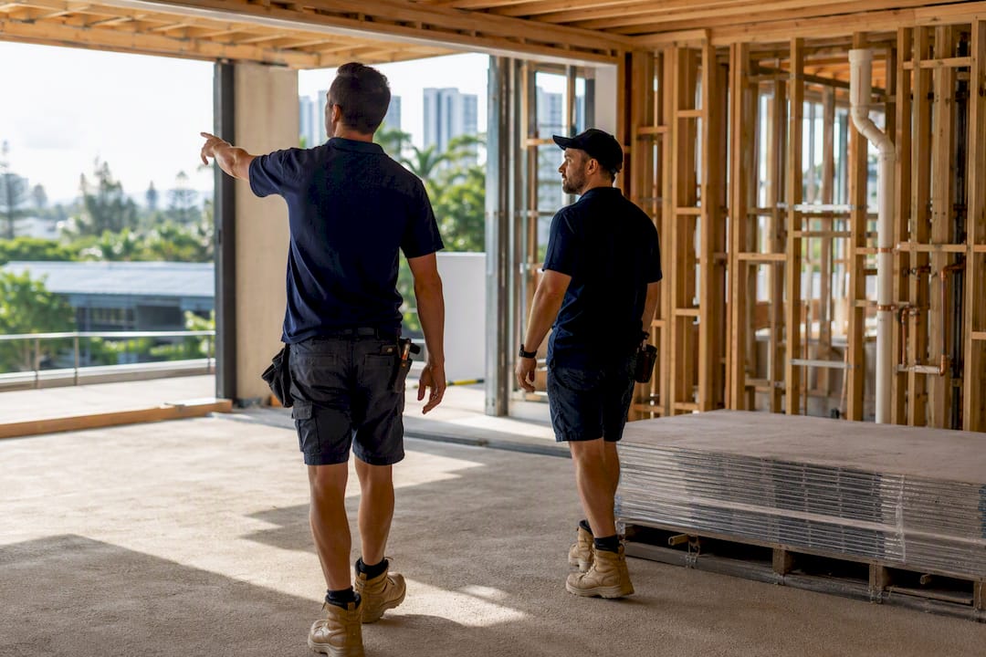 Tradespeople reviewing renovation site logistics