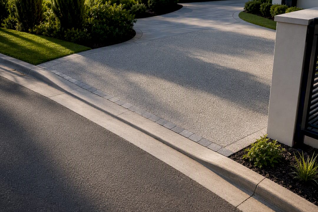 Angled driveway approach beside gatepost