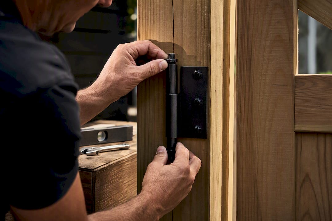 Bolt-on hinge aligned on timber post
