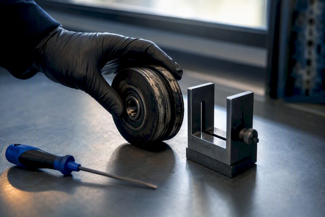 Technician inspecting a worn gate roller