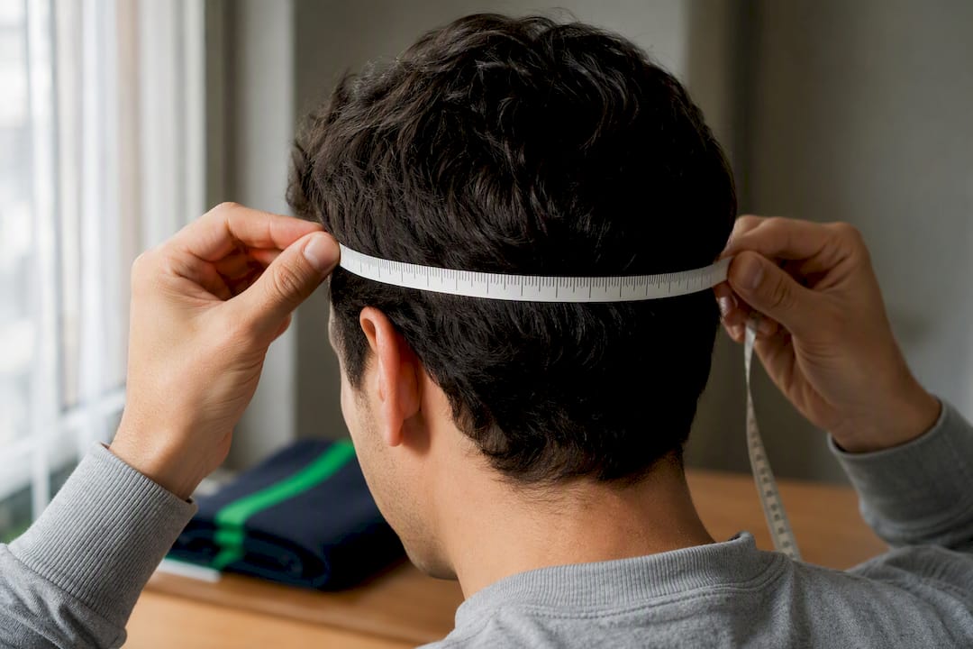 Hands measuring head circumference with tape