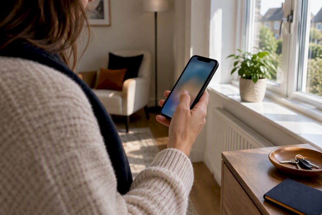 Hand checking phone signal during home viewing