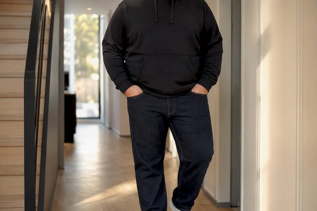 Udsnit af overkrop iført hættetrøje og lige jeans