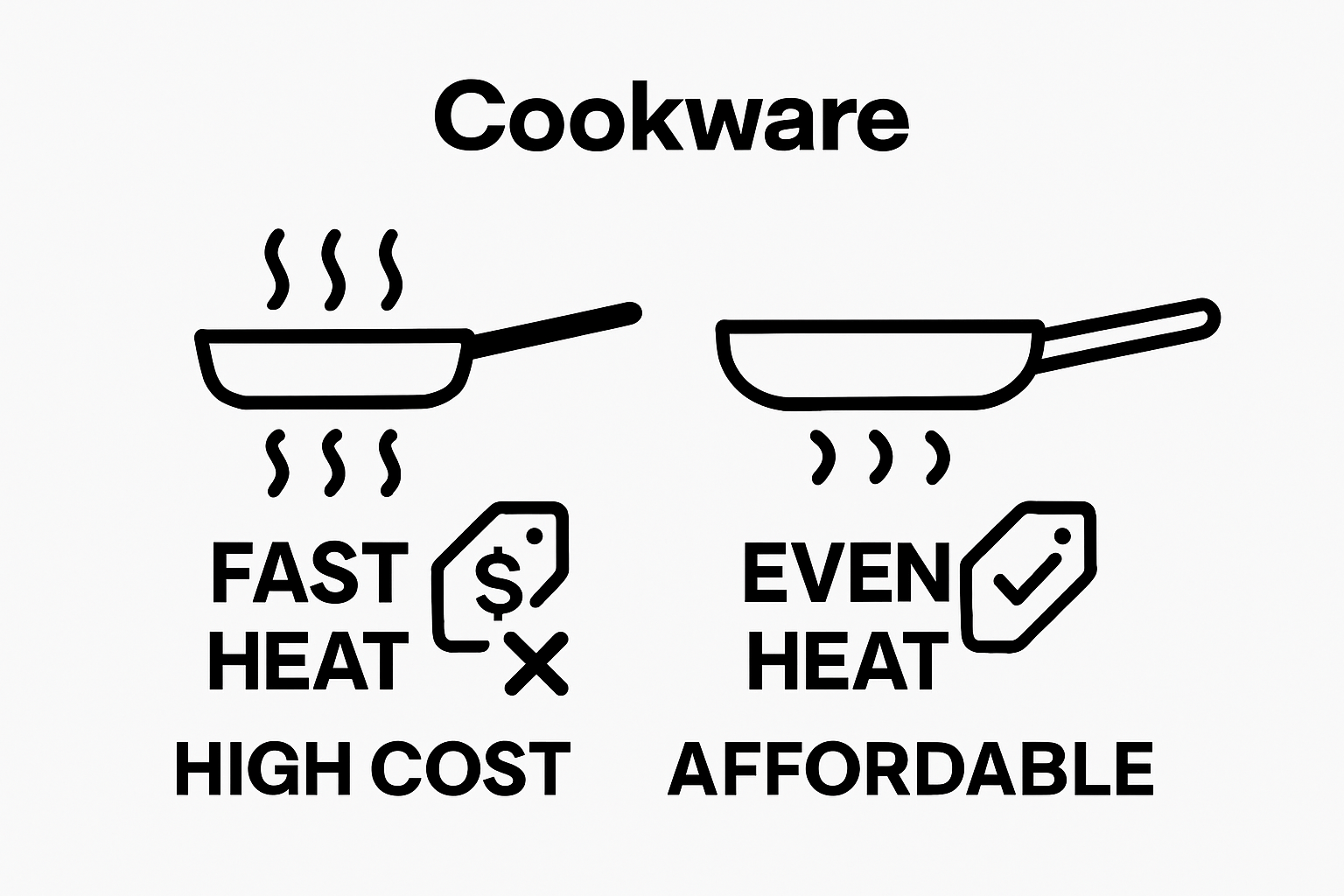 Copper and ceramic cookware comparison infographic showing heat conductivity and cost