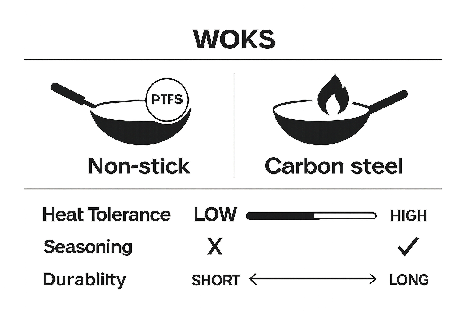 Non stick and carbon steel wok features side-by-side infographic