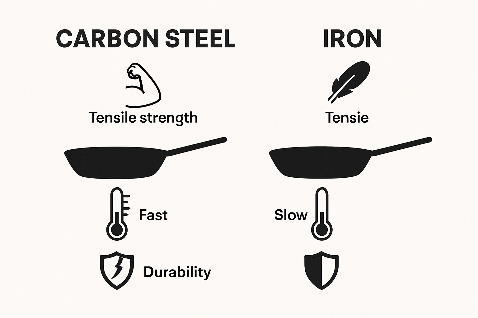 Visual comparison of iron and carbon steel pan properties