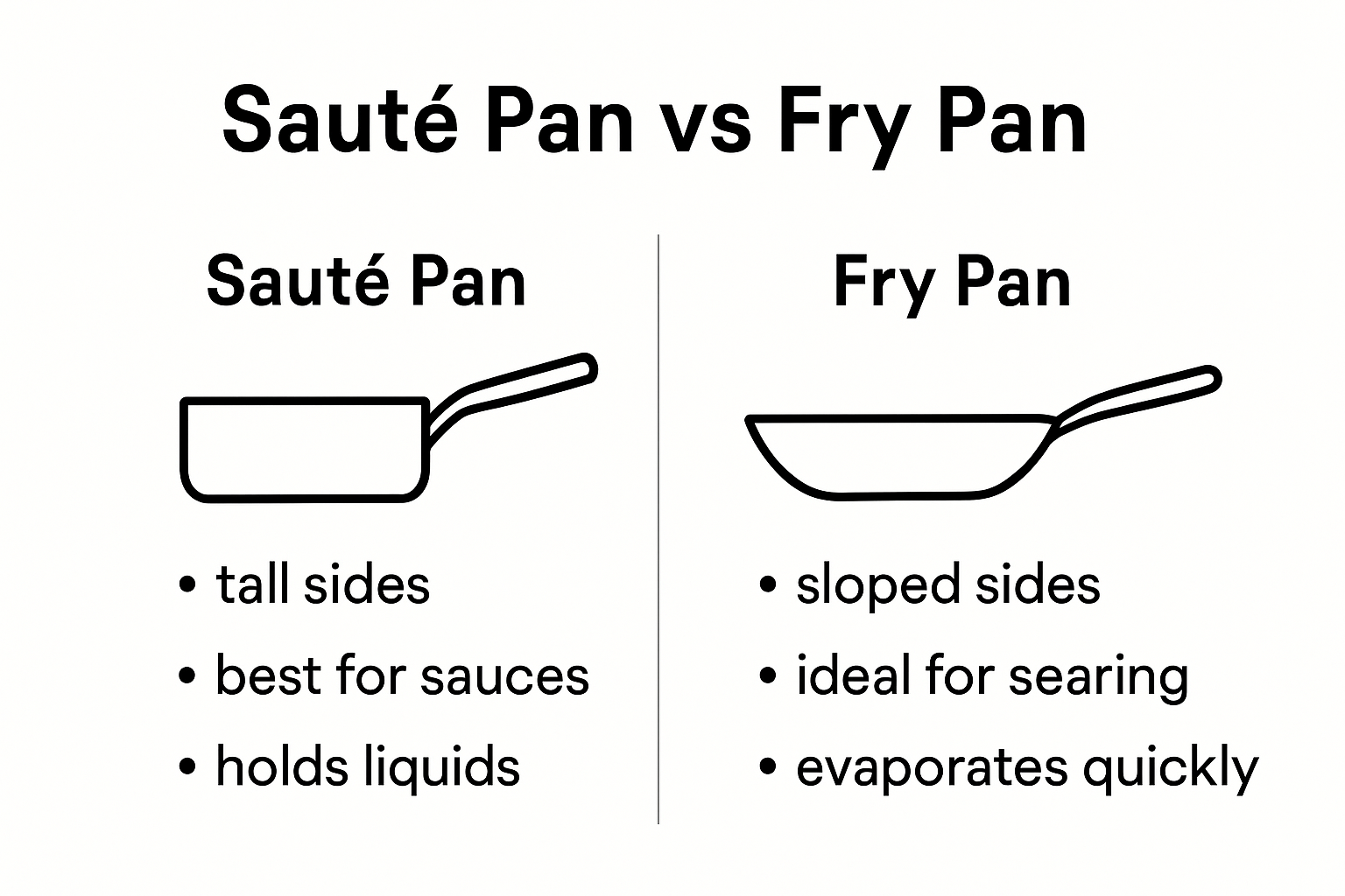 Infographic showing sauté pan and fry pan side by side with key differences.