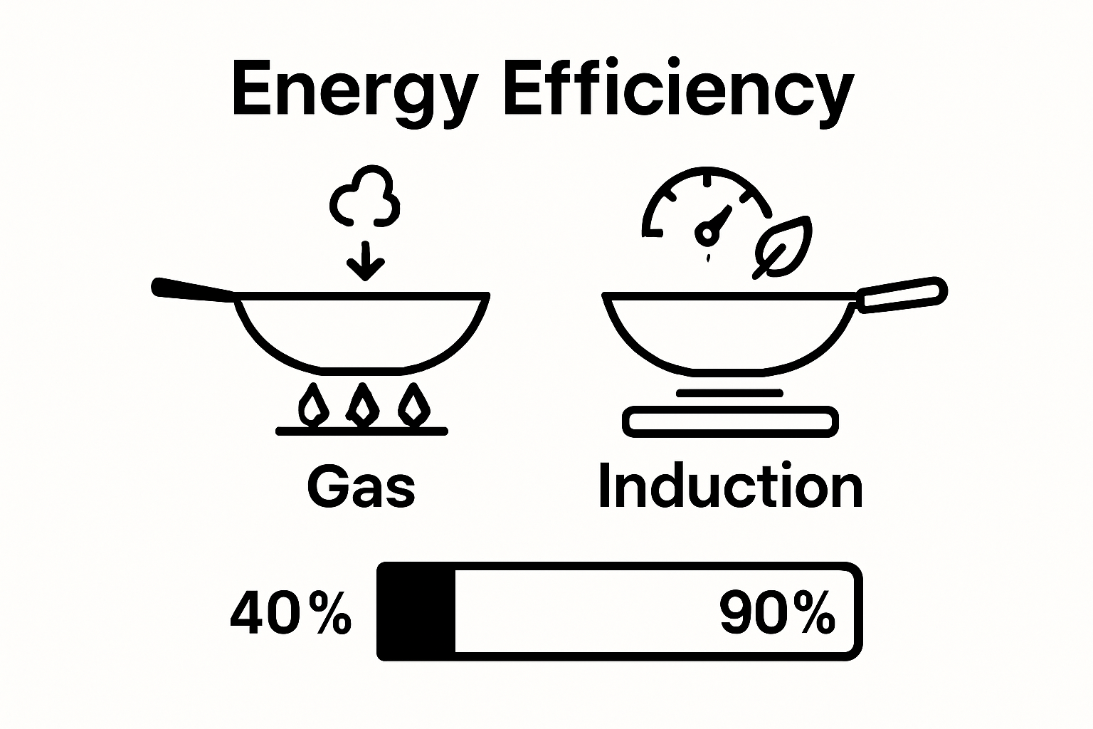 Infographic comparing energy efficiency carbon steel wok on induction vs gas stove
