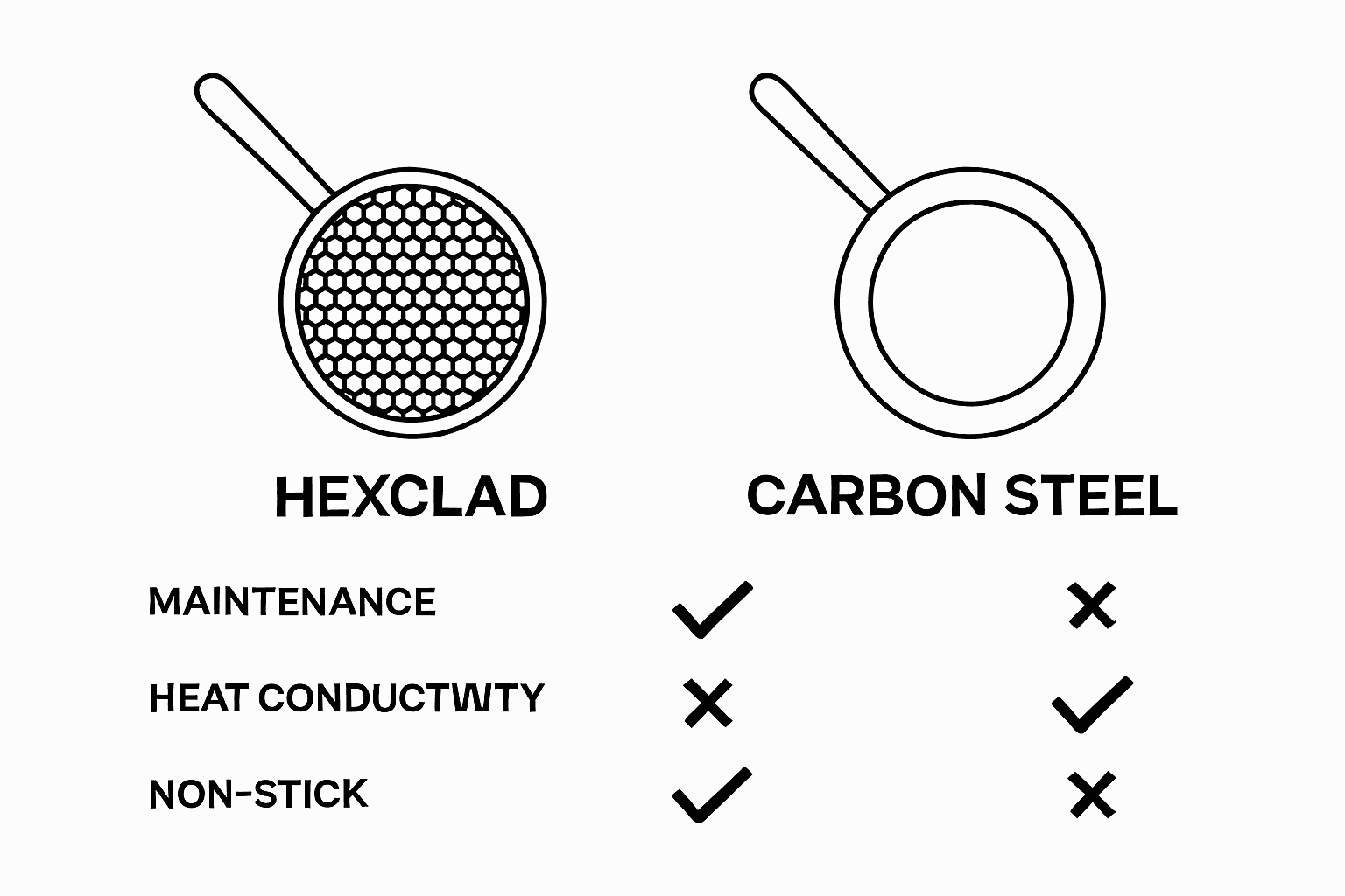 Side-by-side visual comparing Hexclad and carbon steel pans on maintenance, heat, and nonstick performance