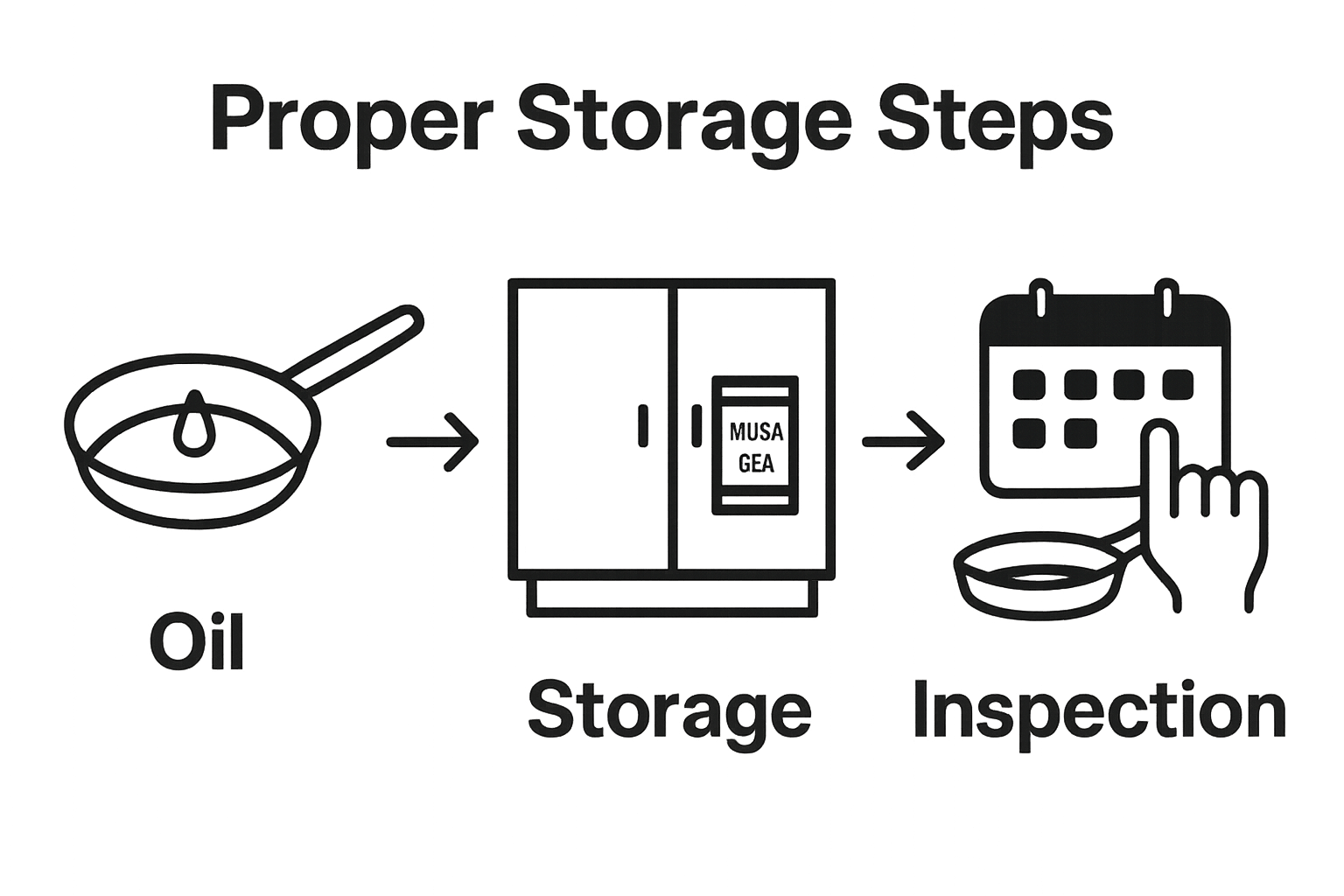 Visual workflow showing oiling, storing, and checking a carbon steel pan.
